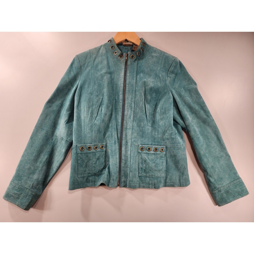 Vintage RUFF HEWN SUEDE LEATHER JACKET Coat Teal Green XL 90's Y2K Retro